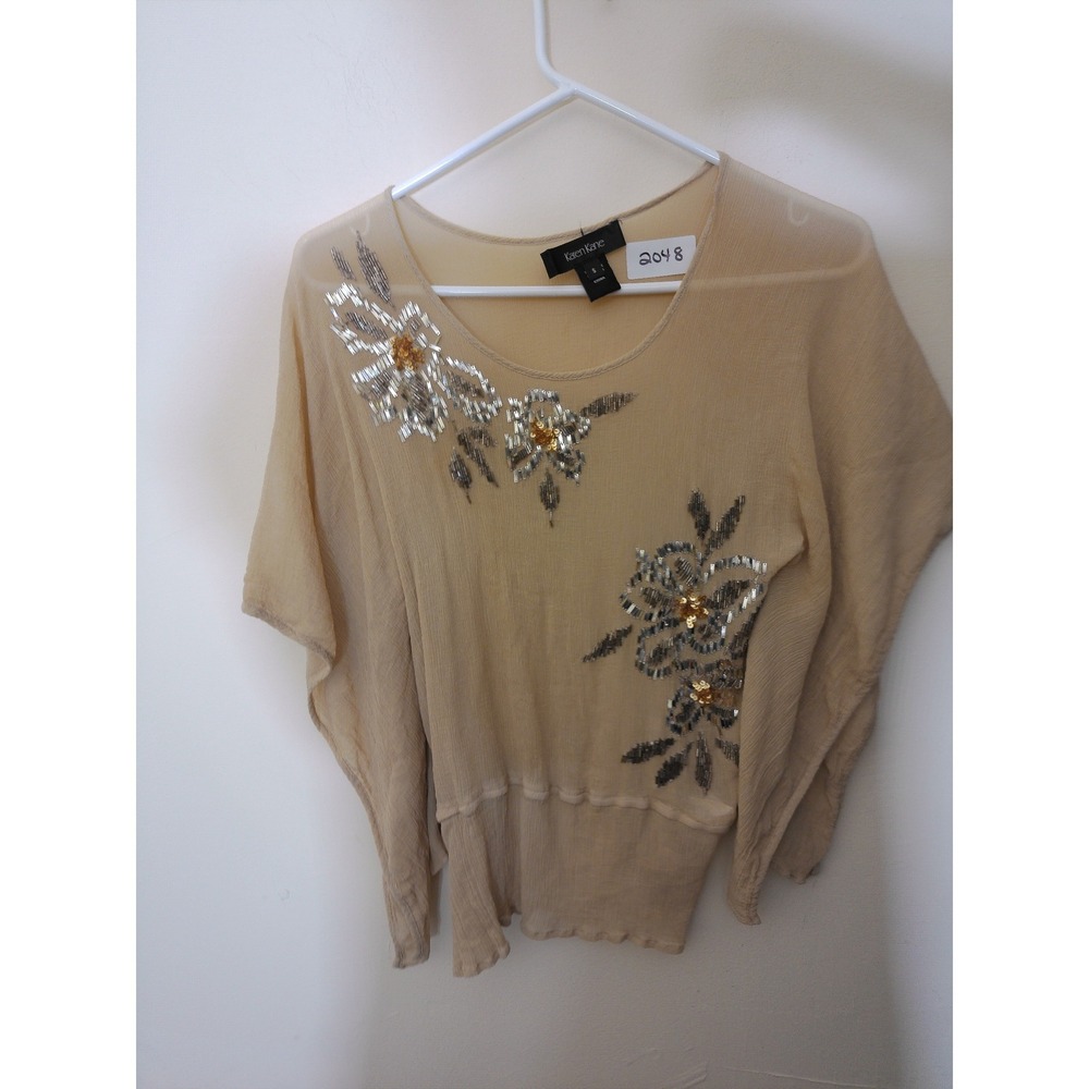 Karen Kane Blouse Women Small Beige Vtg Inspo Beaded Floral Boho Whimsical Top